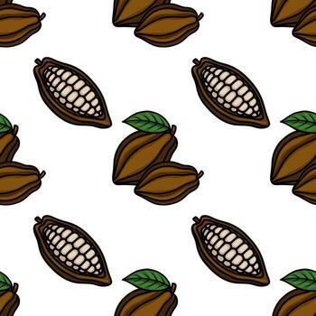 Seamless pattern featuring stylized cocoa pods and split halves with visible beans, accented by green leaves on a clean white background. vector