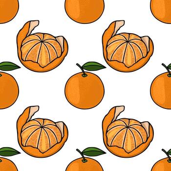 Seamless pattern featuring peeled and whole tangerines with green leaves on a white background. vector