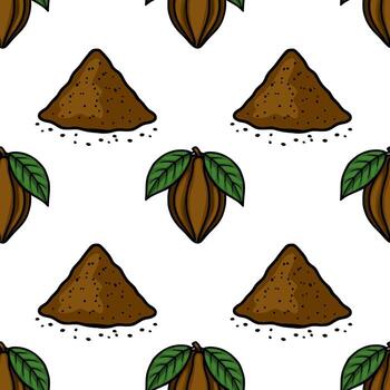 sin costura modelo presentando pila de algo de cacao polvo y Fresco cacao vainas con hojas, Perfecto para relacionado con la comida diseños vector