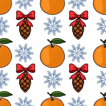 festivo sin costura modelo presentando brillante Mandarina y pino conos adornado con rojo arcos, intercalado con delicado azul copos de nieve, creando un alegre invierno fiesta tema. vector