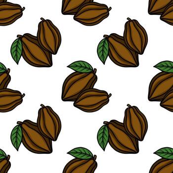 Seamless pattern of stylized brown cocoa pods with green leaves, showcasing a simple, repeating design perfect for food-related backgrounds. vector