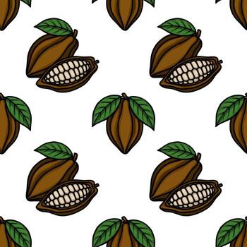 Seamless pattern of cocoa pods with exposed beans and green leaves, rendered in a charming, hand-drawn style on a white background. vector
