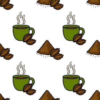 Seamless pattern featuring a steaming cup of hot chocolate with cocoa beans and a pile of cocoa powder, rendered in a charming hand-drawn style. vector