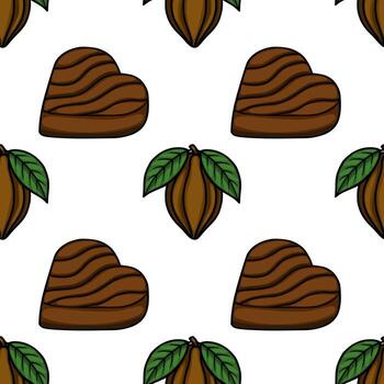 Seamless pattern of stylized chocolate pralines and cocoa pods with leaves. vector