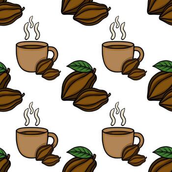A charming seamless pattern featuring steaming cups of cocoa and ripe cocoa pods with green leaves. vector