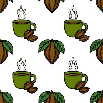 Seamless pattern featuring a steaming cup of hot chocolate next to cocoa pods with leaves, set against a clean white background. vector