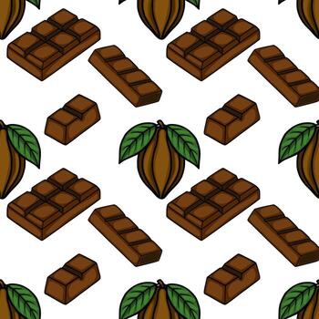 Seamless pattern featuring isometric milk chocolate bars and cocoa pods with green leaves. vector