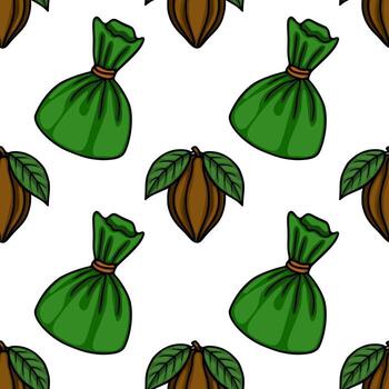 Seamless pattern of stylized green wrapped candies and cocoa pods with leaves on a white background. vector
