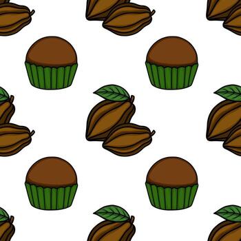 A delightful seamless pattern featuring stylized cocoa pods with leaves and chocolate cupcakes in a playful, hand-drawn cartoon style on a clean white background. vector