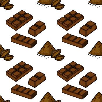Seamless pattern of rich dark chocolate bars and cocoa beans, presented in a playful isometric perspective with a clean white background. vector