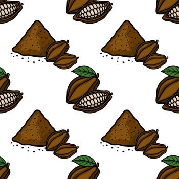 Seamless pattern featuring hand-drawn cocoa pods and a mound of cocoa powder, showcasing a rich brown color palette with green leaf accents. vector