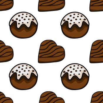 un encantador sin costura modelo presentando encantador estilo de dibujos animados bombones, incluso redondo unos con blanco Formación de hielo y oscuro chocolate puntos, y en forma de corazon chocolates con Rico marrón capas,... vector