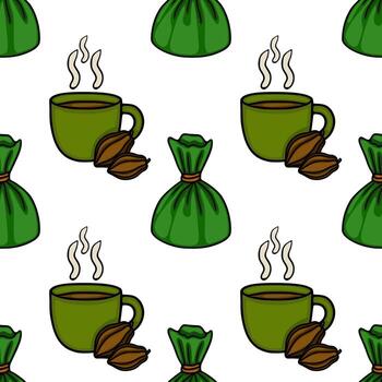 Seamless pattern featuring steaming cups of coffee with cocoa beans and green wrapped candies. vector