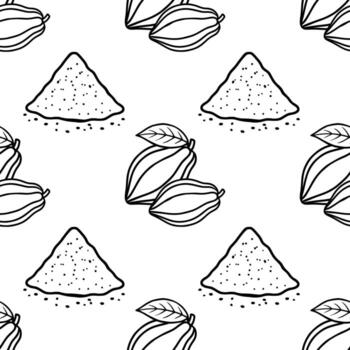 Seamless pattern featuring hand-drawn cocoa pods and piles of cocoa powder with a minimalist black and white aesthetic. vector