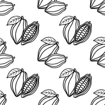 Seamless pattern of stylized cocoa pods with leaves on a white background, featuring a clean line art design. vector
