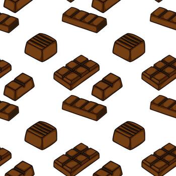 Seamless isometric pattern of various chocolate bars and pieces on a white background. vector