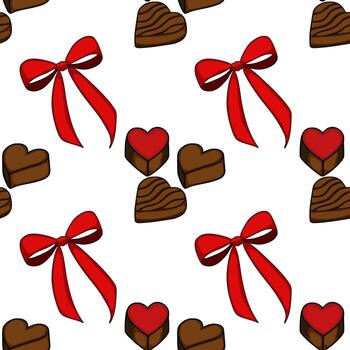 un encantador modelo presentando clasificado en forma de corazon chocolates y festivo rojo arcos en un limpiar blanco fondo, Perfecto para celebración diseños vector