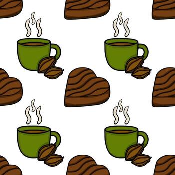 Seamless pattern featuring steaming green cups of hot chocolate alongside chocolate heart cookies and cocoa beans. vector
