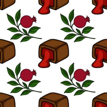 sin costura modelo presentando Rico marrón chocolates con un vibrante rojo, fluido relleno, entrelazados con delicado ramas de oscuro rojo granadas y lozano verde hojas, creando un delicioso... vector