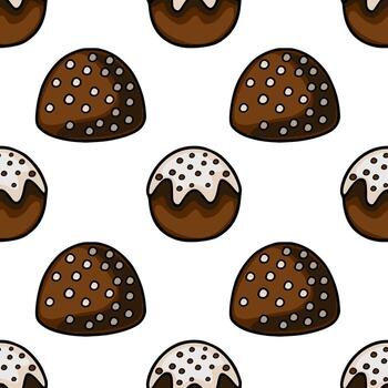 un encantador sin costura modelo presentando varios chocolate dulces con blanco Formación de hielo y moteado coberturas, Perfecto para confitería marca y embalaje. vector