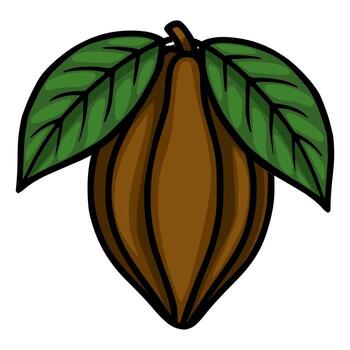 A stylized illustration of a ripe cocoa pod with green leaves, featuring bold outlines and smooth color gradients. vector