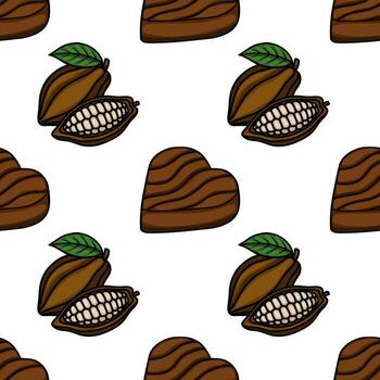 A charming seamless pattern featuring stylized cocoa pods, one split open to reveal its beans, and heart-shaped chocolates, all rendered in a warm brown palette with bold black outlines and... vector