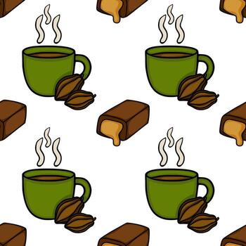 Charming seamless pattern featuring steaming cups of coffee, cocoa beans, and chocolate bars, perfect for culinary themes. vector