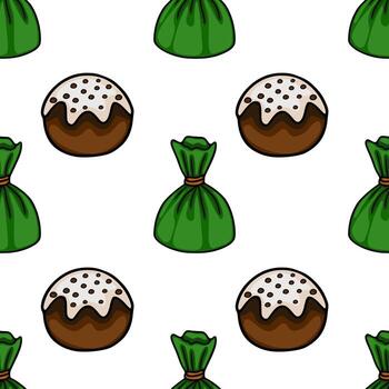 A delightful pattern featuring green wrapped candies and chocolate cakes adorned with white icing and sprinkles, set against a clean white background. vector