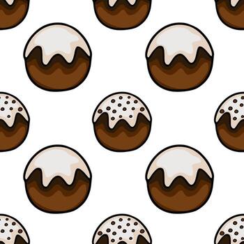 Seamless pattern of cartoon-style chocolate cupcakes with white frosting and chocolate chip toppings, set against a clean white background. vector