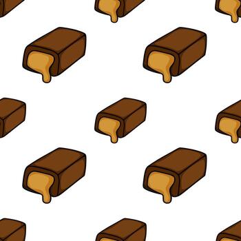 A seamless pattern featuring stylized chocolate bars with dripping caramel filling, presented on a clean white background. vector