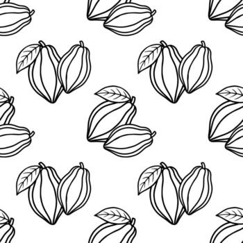 sin costura modelo de estilizado cacao vainas con hojas, prestados en un limpio, minimalista negro y blanco línea Arte estilo para un gráfico y moderno estético. vector