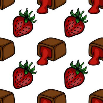 A delightful pattern featuring whole strawberries and chocolate candies with flowing red filling, set against a clean white background. vector
