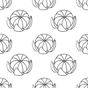 Minimalist pattern of stylized tangerine with clean black outlines on a white background. vector