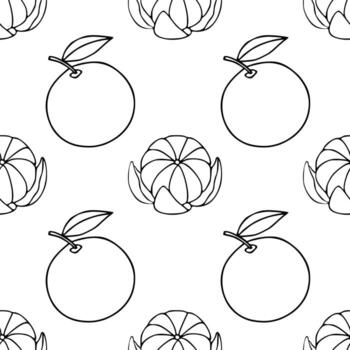Seamless pattern featuring hand-drawn line art of tangerines with leaves and segments, creating a clean and minimalist fruit motif. vector