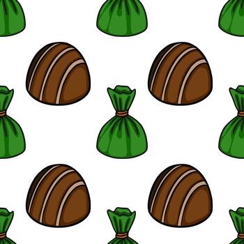 A delightful seamless pattern featuring assorted chocolates, with rich brown pralines and vibrant green candy wrappers, set against a clean white background. vector