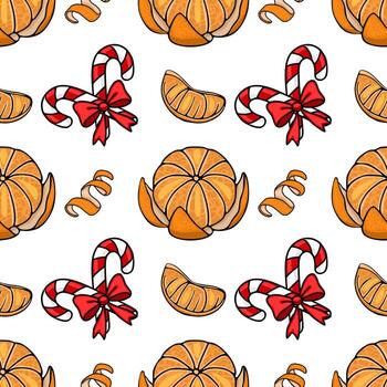 Seamless pattern featuring halved tangerines, citrus slices, candy canes with red bows, and curled orange peels on a white background. vector