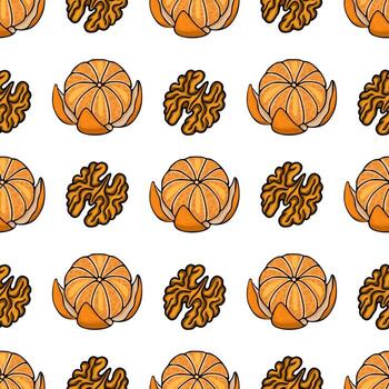 Seamless pattern featuring a repeating arrangement of peeled tangerines and walnuts with vibrant orange and brown tones. vector
