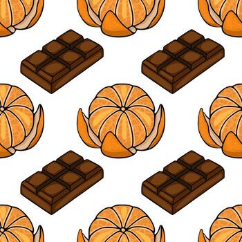 Seamless pattern featuring isometric chocolate bars and peeled tangerines on a white background. vector