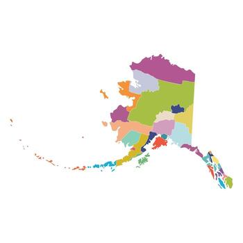 Alaska state counties map. Map of the US state of Alaska with city multicolor. vector
