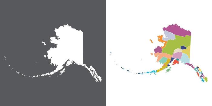 Alaska state counties map set. Map of the US state of Alaska with city in set multicolor. vector