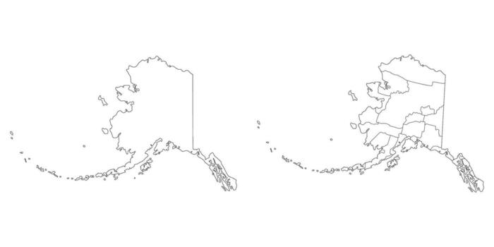 Alaska state counties map set. Map of the US state of Alaska with city in set white color. vector