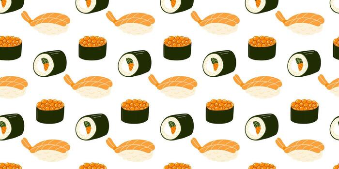 Sushi illustrations featuring various types of sushi rolls and sashimi on a white background vector