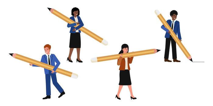 Professionals engaging in creative brainstorming with large pencils in a collaborative workspace vector