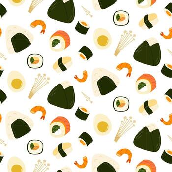 Colorful sushi and seafood pattern featuring various types of rolls and ingredients on a white background vector