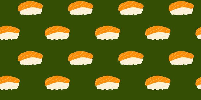 Colorful sushi pattern on a green background showcasing various sushi pieces in a visually appealing arrangement vector