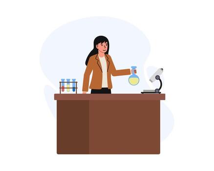 Female scientist conducting experiments at laboratory workbench with test tubes and microscope vector