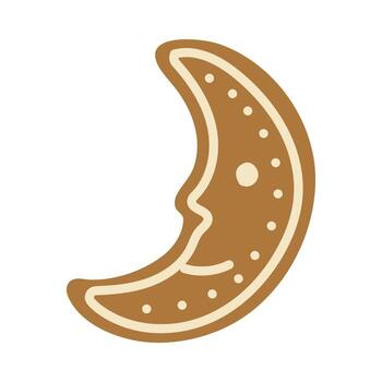Moon-shaped cookie decorated with a smiling face and dotted details on a plain background vector
