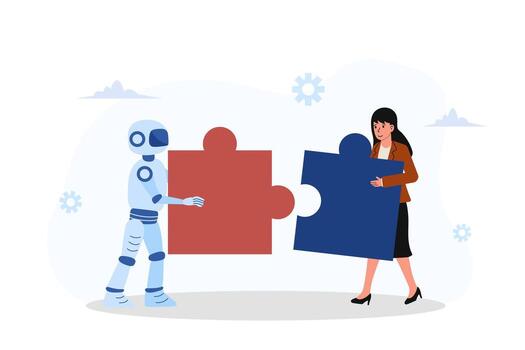 Collaboration between a robot and a woman as they connect puzzle pieces in a creative workspace setting vector
