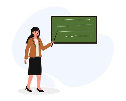 Woman teaching in a classroom setting with a chalkboard and a pointer vector