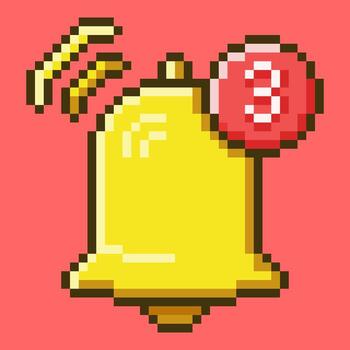 A pixel art icon of a ringing golden bell with a red counter bubble showing new notifications, designed in a classic 8-bit retro style. Perfect to indicate new messages, alerts or updates vector